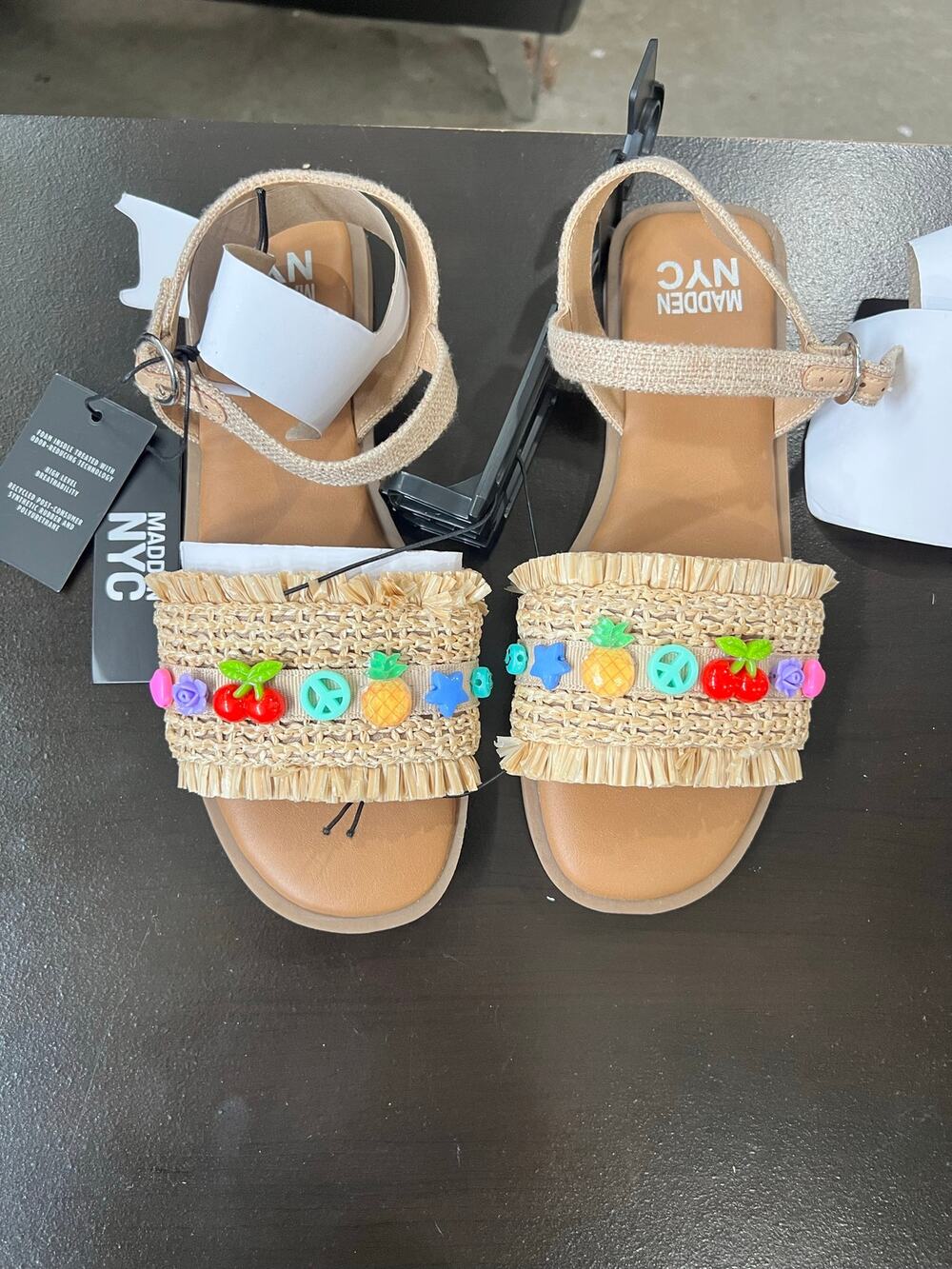 Madden NYC Girls Size 4 Raffia Charm Sandals Beige Ankle Strap New With Tags